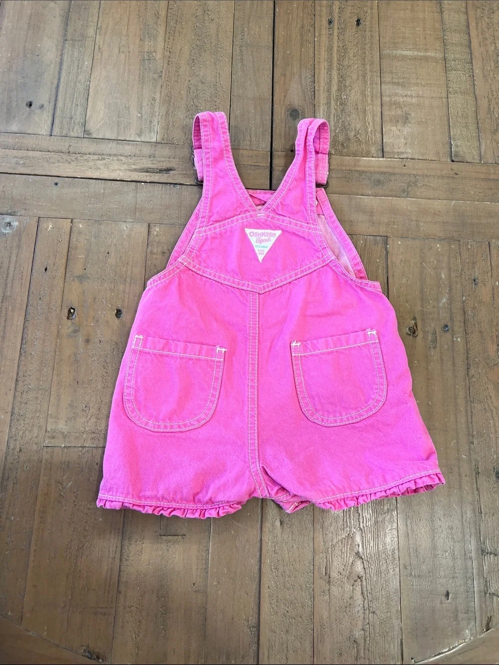 Oshkosh Y2K retro pink denim short overalls 18 months flower embroidered ruffles